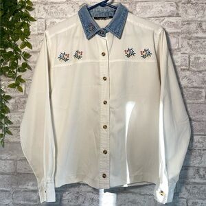 ZOEY and Beth White Cotton Blend‎ Denim Collar Floral Long Sleeve Women’s Small